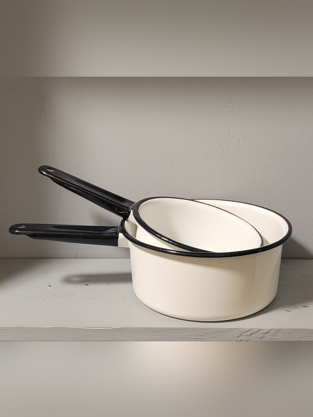 Vintage White And Black Enamelware Pots